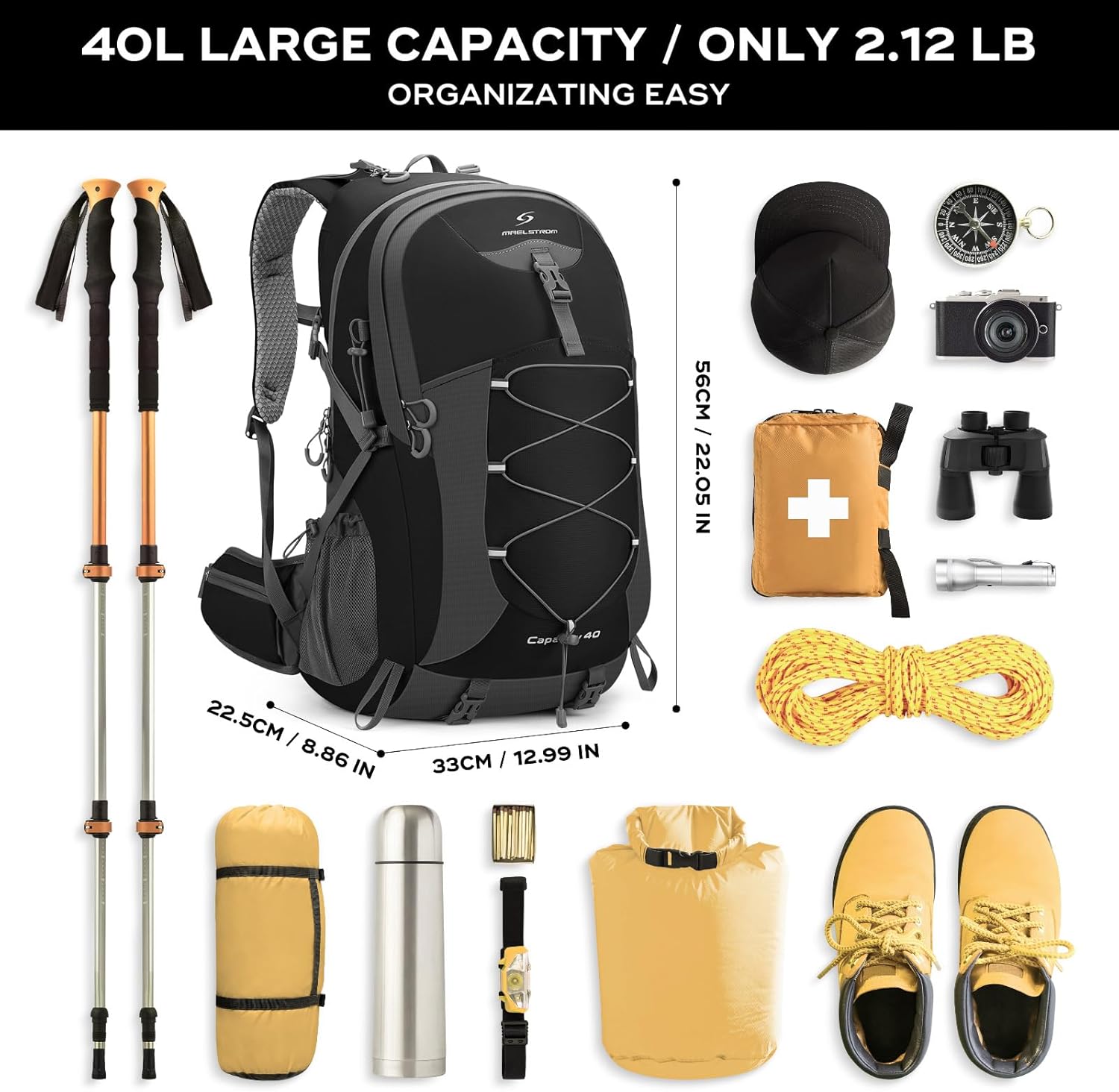 Maelstrom Hiking Backpack,Camping Backpack,40L Waterproof Hiking Daypack with Rain Cover,Lightweight Travel Backpack,Black - Image 2