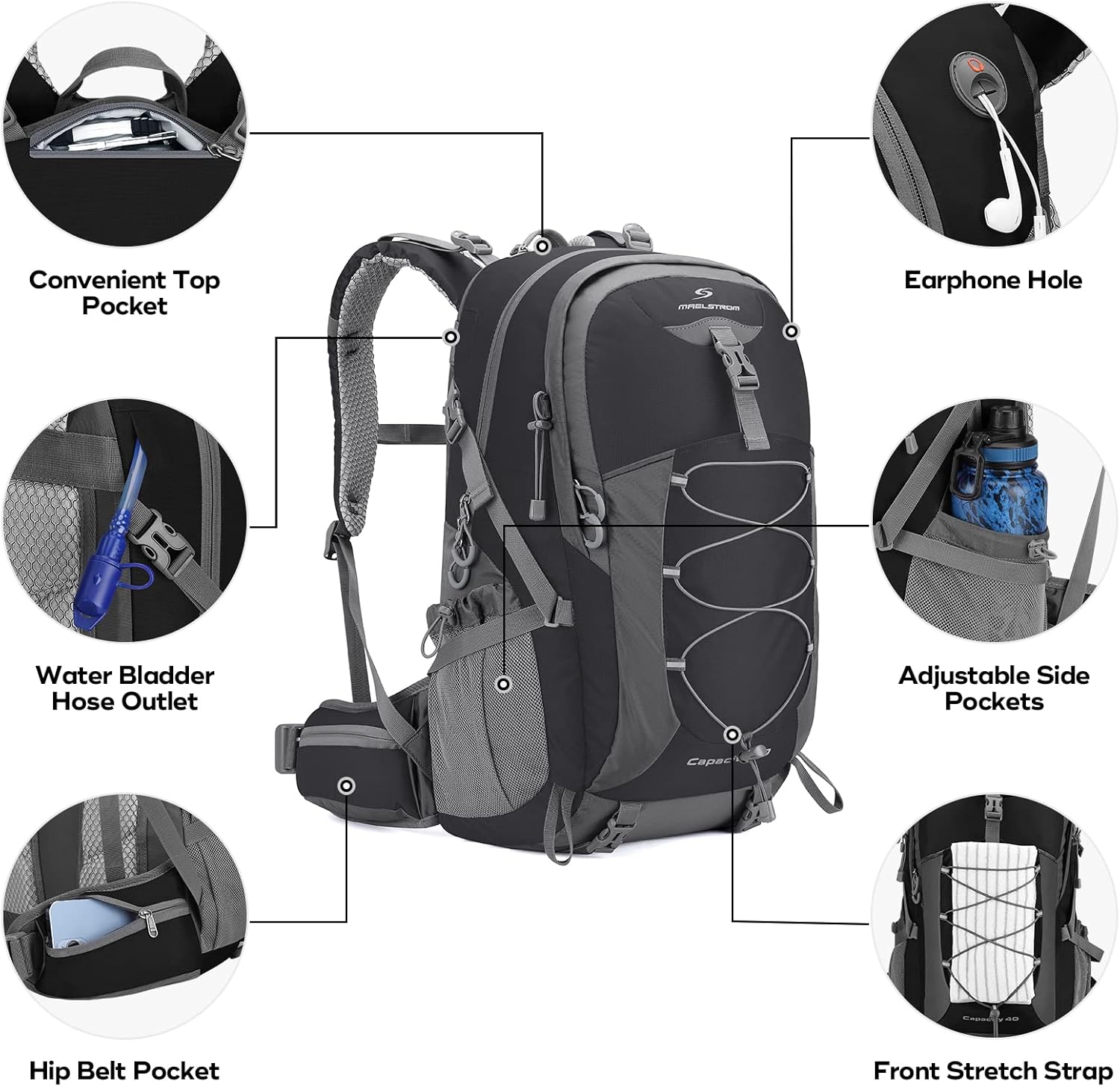 Maelstrom Hiking Backpack,Camping Backpack,40L Waterproof Hiking Daypack with Rain Cover,Lightweight Travel Backpack,Black - Image 3