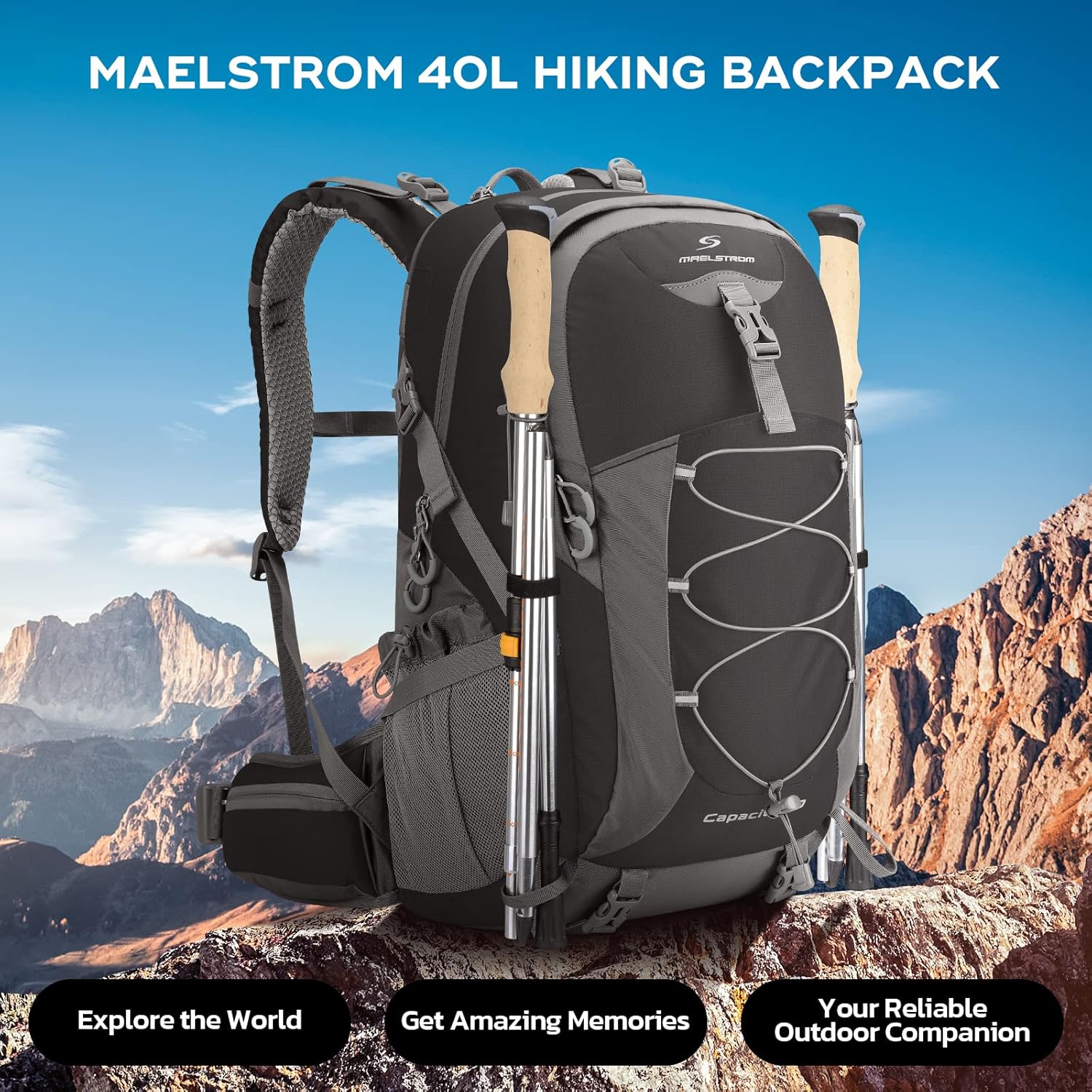 Maelstrom Hiking Backpack,Camping Backpack,40L Waterproof Hiking Daypack with Rain Cover,Lightweight Travel Backpack,Black - Image 7