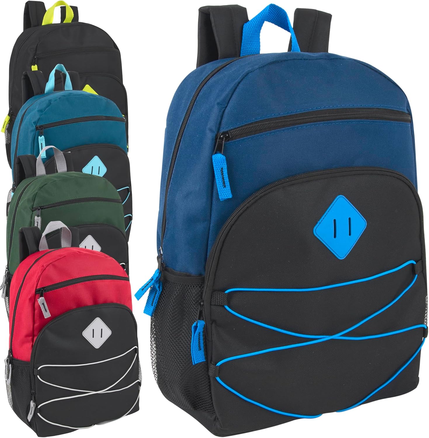 Adventure Trails 24 Pack Bulk Backpacks Wholesale for Homeless Men, Women, Donation | 17 Inch Dual Compartment Bungee Backpacks with Pockets (Dark Colors Pack)