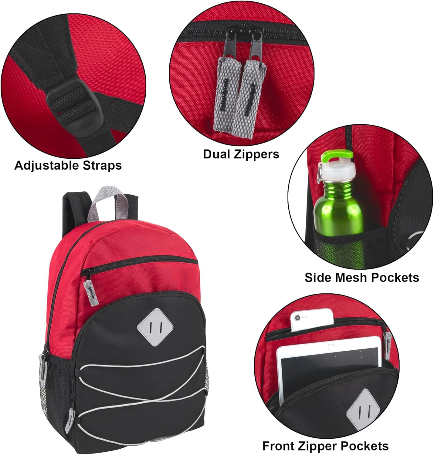 Adventure Trails 24 Pack Bulk Backpacks Wholesale for Homeless Men, Women, Donation | 17 Inch Dual Compartment Bungee Backpacks with Pockets (Dark Colors Pack) - Image 2